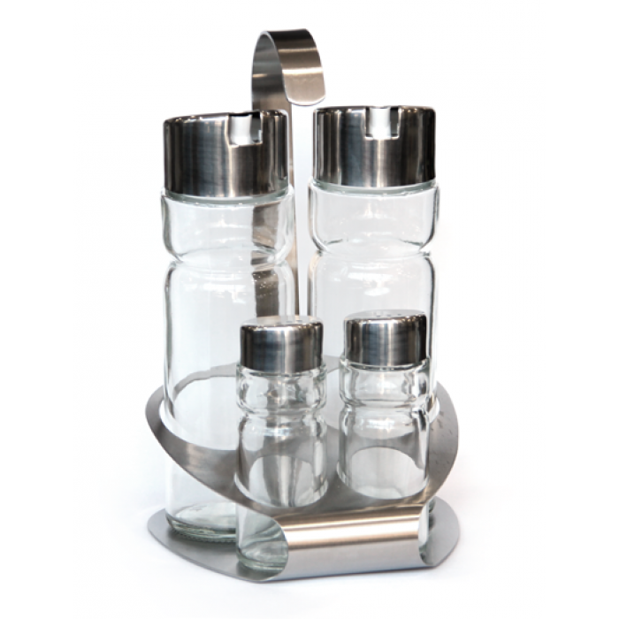 Oliviera 5 piese, cu suport inox oval RAKI PREMIUM 2 sticle ulei/otet, solnita si pipernita