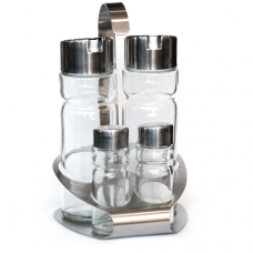 Oliviera 5 piese, cu suport inox oval RAKI PREMIUM 2 sticle ulei/otet, solnita si pipernita