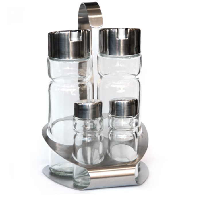 Oliviera 5 piese, cu suport inox oval RAKI PREMIUM 2 sticle ulei/otet, solnita si pipernita