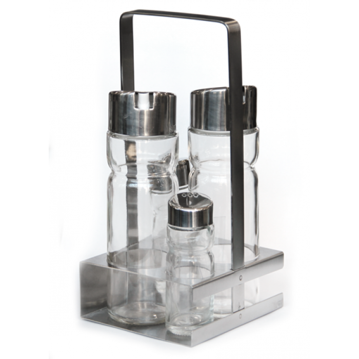 Oliviera 5 piese, cu suport inox patrat RAKI PREMIUM maner patrat, 2 sticle ulei/otet, solnita si pipernita