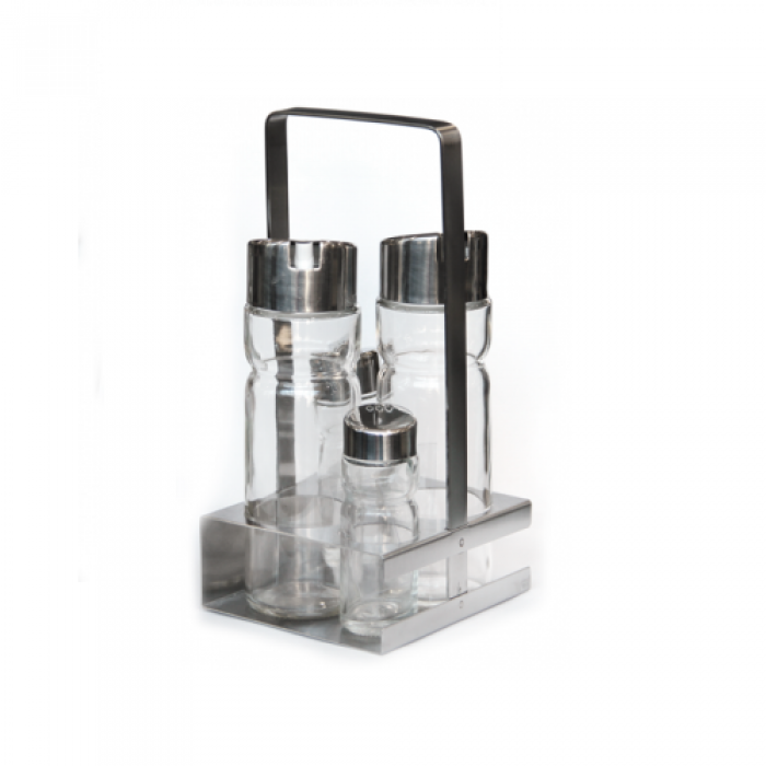 Oliviera 5 piese, cu suport inox patrat RAKI PREMIUM maner patrat, 2 sticle ulei/otet, solnita si pipernita