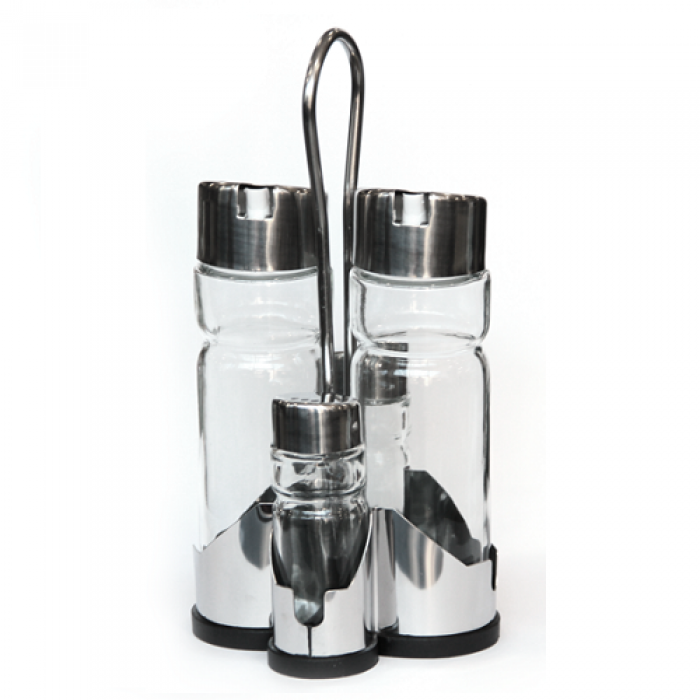 Oliviera 5 piese, cu suport inox RAKI PREMIUM 2 sticle ulei/otet, solnita si pipernita