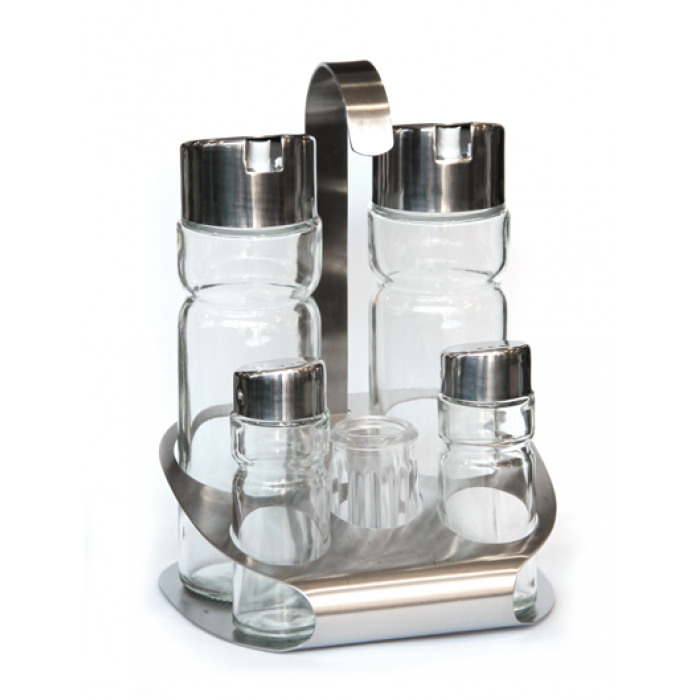 Oliviera 6 piese, cu suport inox oval RAKI PREMIUM 2 sticle ulei/otet, solnita, pipernita, suport scobitori