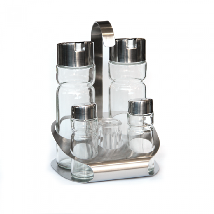Oliviera 6 piese, cu suport inox oval RAKI PREMIUM 2 sticle ulei/otet, solnita, pipernita, suport scobitori
