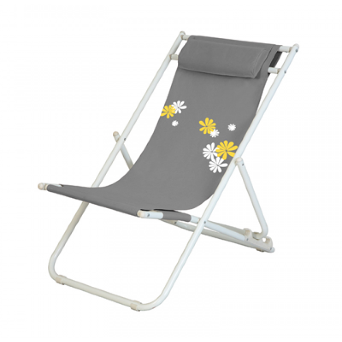 Scaun pliant plaja/camping cu perna RAKI FLOWER 6, reglabil 3 pozitii, panza cu cadru metalic, 56,5x91x96cm, gri