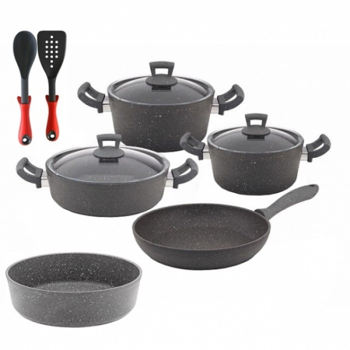 Set 10 piese Hascevher Germanitium 2 oale 3l si 4,9l cu capac, cratita 3,9l cu capac, tigaie 22cm, tava cuptor 30cm granit-gri, lingura servire si spatula