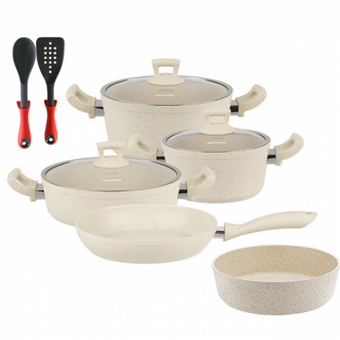 Set 10 piese Hascevher Germanitium 2 oale 3l si 4,9l cu capac, cratita 3,9l cu capac, tigaie 22cm, tava cuptor rotunda 30cm granit-crem, lingura servire si spatula