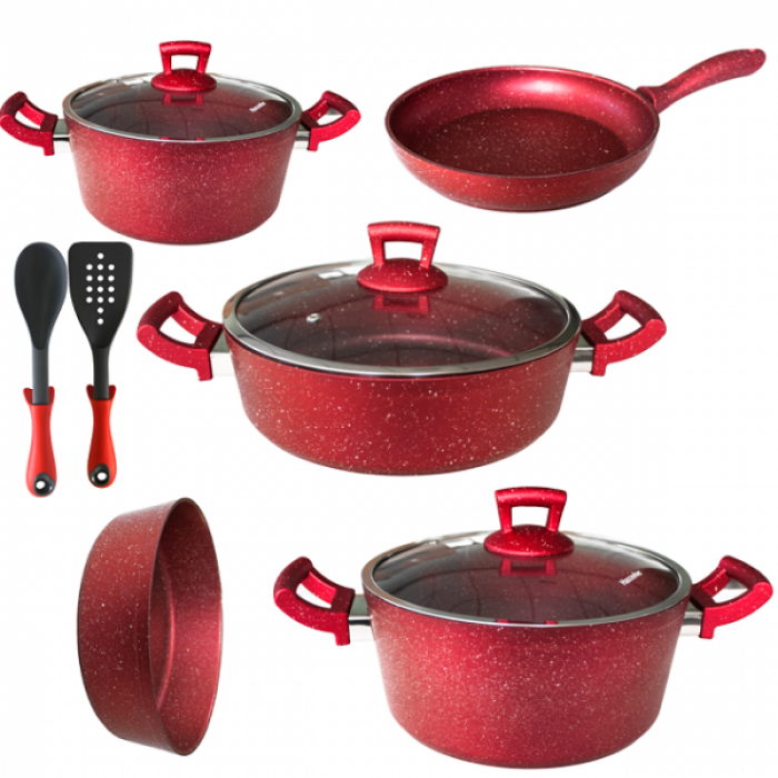 Set 10 piese Hascevher Germanitium 2 oale 3l si 4,9l cu capac, cratita 3,9l cu capac, tigaie 22cm, tava cuptor rotunda 30cm granit-red, lingura servire si spatula