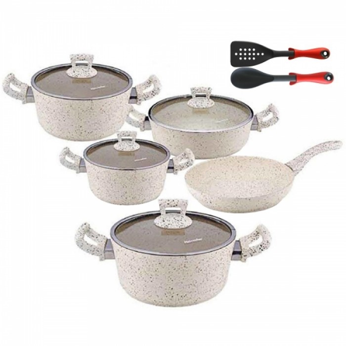 Set 11 piese Hascevher Germanitium 3 oale 3l, 4l si 4,9l cu capac, cratita 3,9l cu capac, tigaie 22cm granit-crem, lingura servire si spatula
