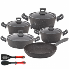Set 11 piese Hascevher Germanitium 3 oale 3l, 4l si 4,9l cu capac, cratita 3,9l cu capac, tigaie 22cm granit-gri, lingura servire si spatula