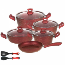 Set 11 piese Hascevher Germanitium 3 oale 3l, 4l si 4,9l cu capac, cratita 3,9l cu capac, tigaie 22cm granit-red, lingura servire si spatula
