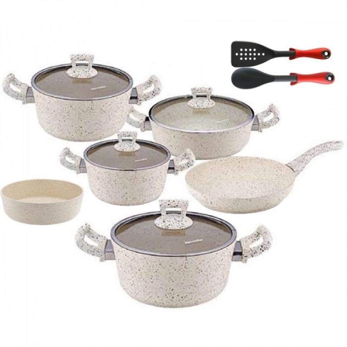 Set 12 piese Hascevher Germanitium 3 oale 3l, 4l si 4,9l cu capac, cratita 3,9l cu capac, tigaie 22cm, tava rotunda 30cm granit-crem, lingura servire si spatula