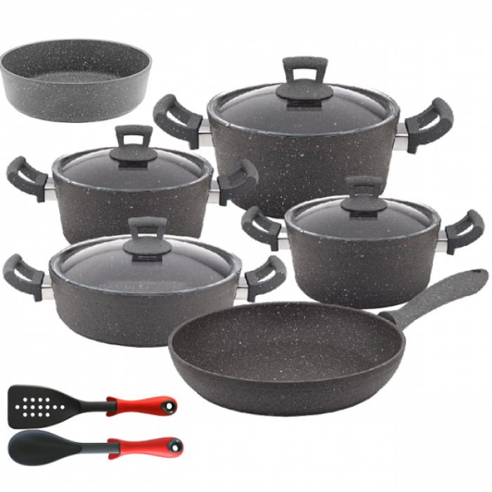 Set 12 piese Hascevher Germanitium 3 oale 3l, 4l si 4,9l cu capac, cratita 3,9l cu capac, tigaie 22cm, tava rotunda 30cm granit-gri, lingura servire si spatula