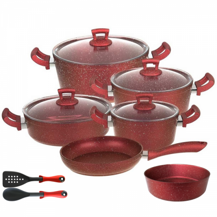 Set 12 piese Hascevher Germanitium 3 oale 3l, 4l si 4,9l cu capac, cratita 3,9l cu capac, tigaie 22cm, tava rotunda 30cm granit-red, lingura servire si spatula