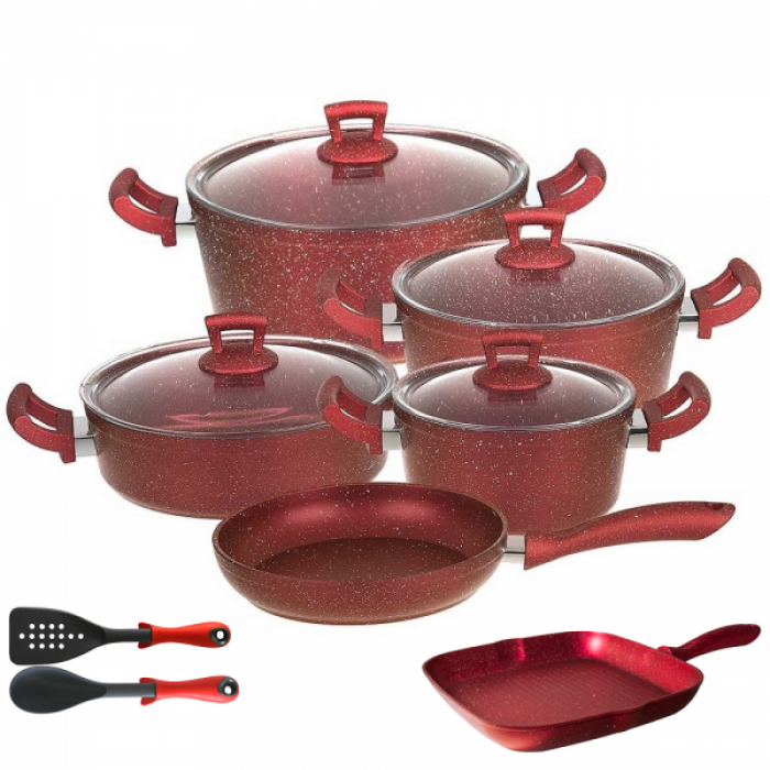 Set 12 piese Hascevher Germanitium 3 oale 3l, 4l si 4,9l cu capac, cratita 3,9l cu capac, tigaie 22cm, tigaie grill 28cm granit-red, lingura servire si spatula