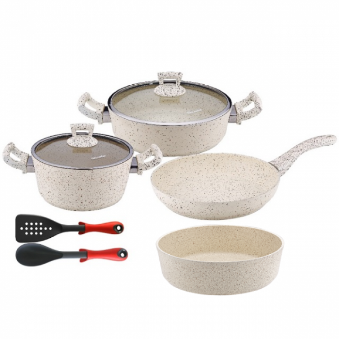 Set 8 piese Hascevher Germanitium oala 3l cu capac, cratita 3,9l cu capac, tigaie 22cm, tava cuptor rotunda 30cm granit-crem, lingura servire si spatula