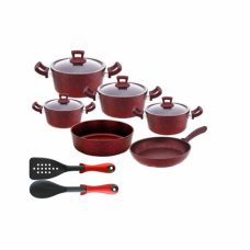 Set 12 piese Hascevher Germanitium 4 oale 3l, 4l, 4,9l si 5,8l cu capac, tigaie 22cm, tava rotunda 30cm granit-red, lingura servire si spatula
