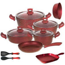 Set 13 piese Hascevher Germanitium 3 oale 3l, 4l si 4,9l cu capac, cratita 3,9l cu capac, tigaie 22cm, tigaie grill 28cm, tava cuptor rotunda 30cm granit-red, lingura servire si spatula