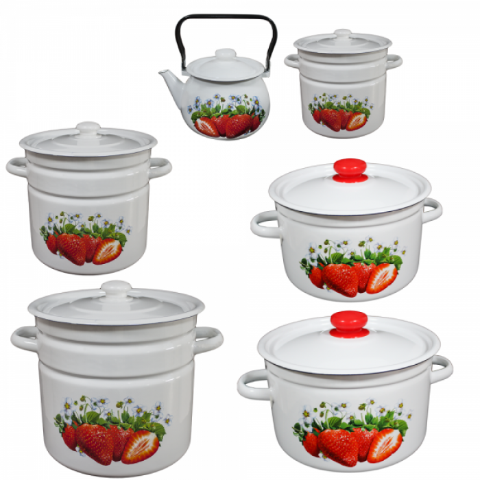 RAKI KLUBNIKA Set 5 oale emailate 4,5L, 5,5L, 7L, 9L, 12L cu ceainic emailat 2L