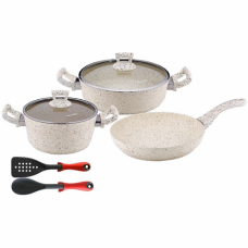 Set 7 piese Hascevher Germanitium oala 3l cu capac, cratita 3,9l cu capac, tigaie 22cm granit-crem, lingura servire si spatula