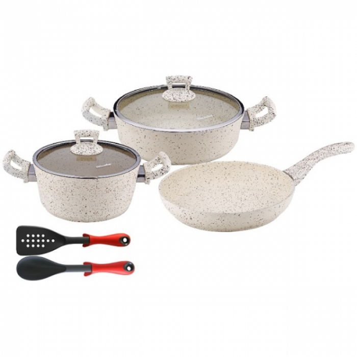 Set 7 piese Hascevher Germanitium oala 3l cu capac, cratita 3,9l cu capac, tigaie 22cm granit-crem, lingura servire si spatula