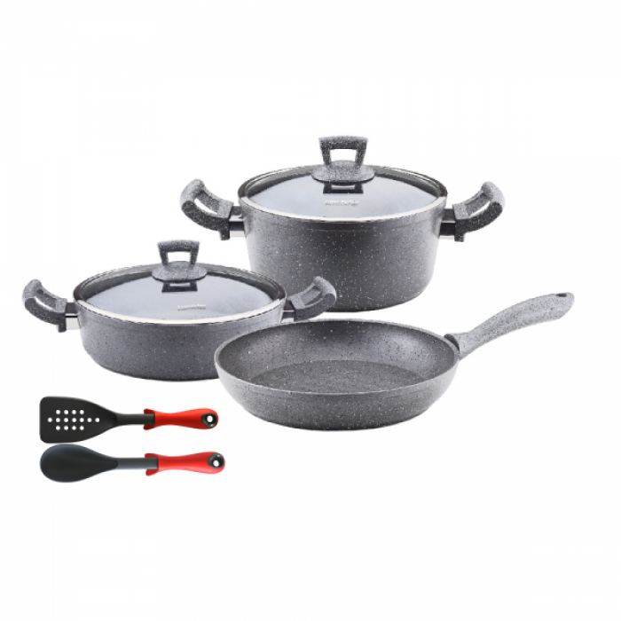 Set 7 piese Hascevher Germanitium oala 3l cu capac, cratita 3,9l cu capac, tigaie 22cm granit-gri, lingura servire si spatula