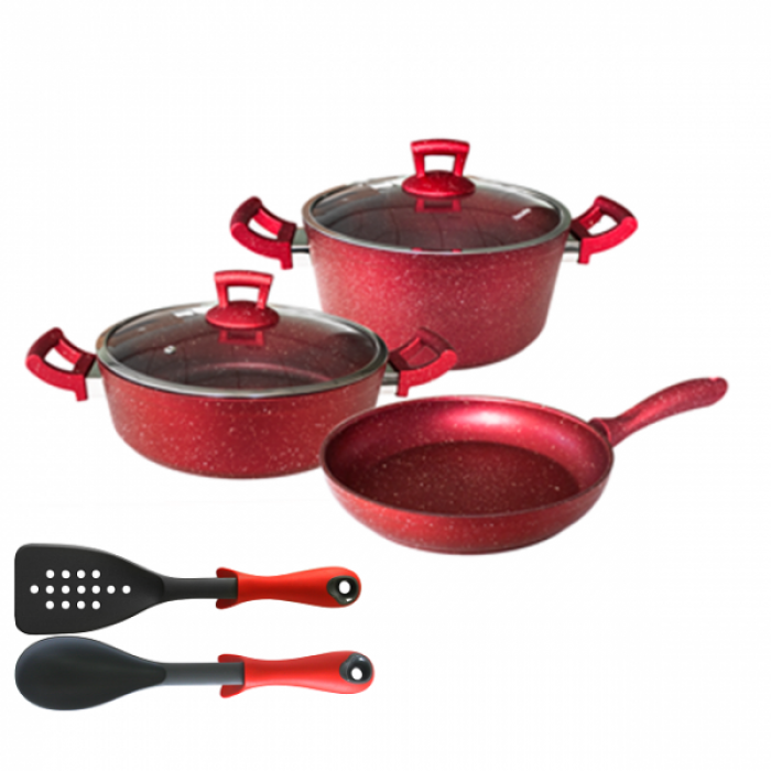 Set 7 piese Hascevher Germanitium oala 3l cu capac, cratita 3,9l cu capac, tigaie 22cm granit-red, lingura servire si spatula