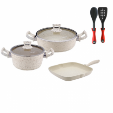 Set 7 piese Hascevher Germanitium oala 3l cu capac, cratita 3,9l cu capac, tigaie grill 28cm granit-crem, lingura servire si spatula