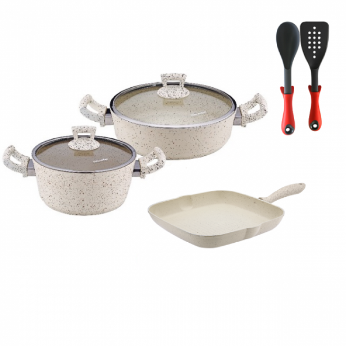 Set 7 piese Hascevher Germanitium oala 3l cu capac, cratita 3,9l cu capac, tigaie grill 28cm granit-crem, lingura servire si spatula