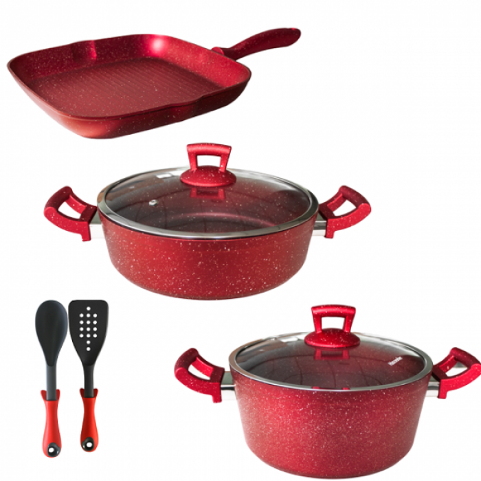 Set 7 piese Hascevher Germanitium oala 3l cu capac, cratita 3,9l cu capac, tigaie grill 28cm granit-red, lingura servire si spatula