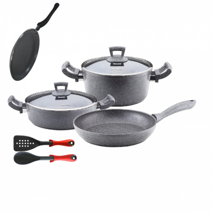 Set 8 piese Hascevher Germanitium oala 3l cu capac, cratita 3,9l cu capac, 2 tigai 22cm si 26cm pentru clatite granit-gri, lingura servire si spatula