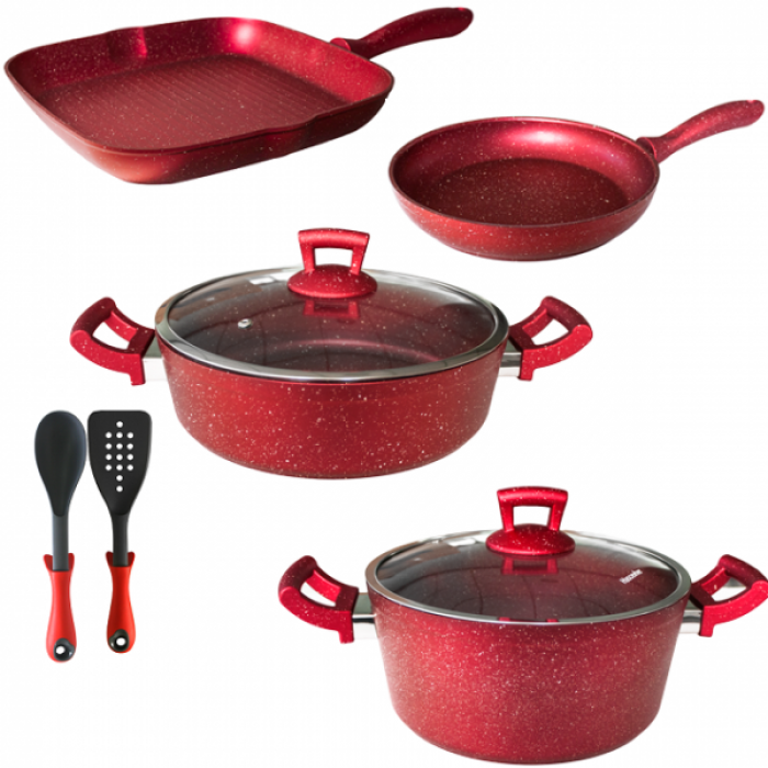 Set 8 piese Hascevher Germanitium oala 3l cu capac, cratita 3,9l cu capac, tigaie 22cm, tigaie grill 28cm granit-red, lingura servire si spatula