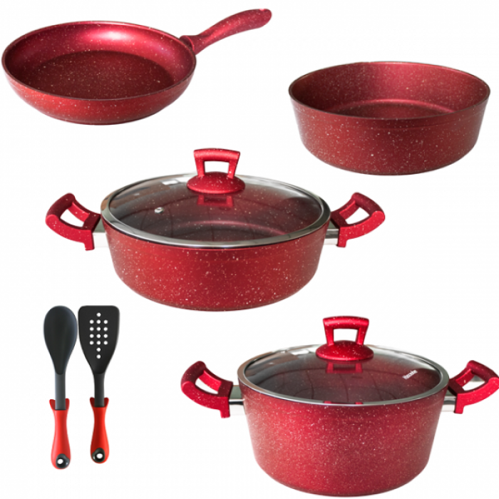 Set 8 piese Hascevher Germanitium oala 3l cu capac, cratita 3,9l cu capac, tigaie 22cm, tava rotunda 30cm granit-red, lingura servire si spatula