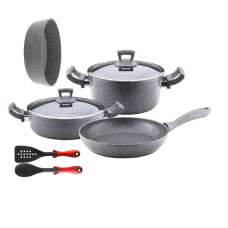 Set 8 piese Hascevher Germanitium oala 3l cu capac, cratita 3,9l cu capac, tigaie 22cm, tava copt 30cm granit-gri, lingura servire si spatula