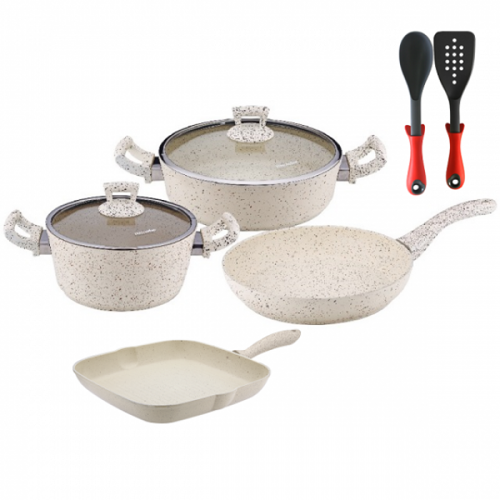 Set 8 piese Hascevher Germanitium oala 3l cu capac, cratita 3,9l cu capac, tigaie 22cm, tigaie grill 28cm granit-crem, lingura servire si spatula