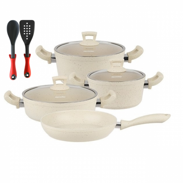 Set 9 piese Hascevher Germanitium 2 oale 3l si 4,9l cu capac, cratita 3,9l cu capac, tigaie 22cm granit-crem, lingura servire si spatula
