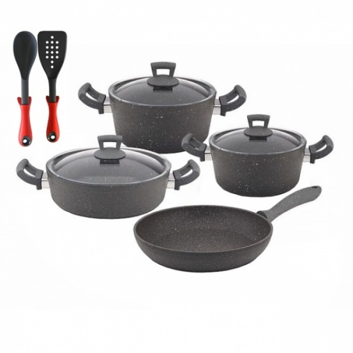 Set 9 piese Hascevher Germanitium 2 oale 3l si 4,9l cu capac, cratita 3,9l cu capac, tigaie 22cm granit-gri, lingura servire si spatula