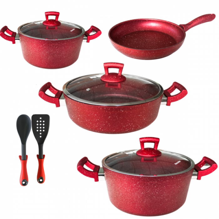 Set 9 piese Hascevher Germanitium 2 oale 3l si 4,9l cu capac, cratita 3,9l cu capac, tigaie 22cm granit-red, lingura servire si spatula