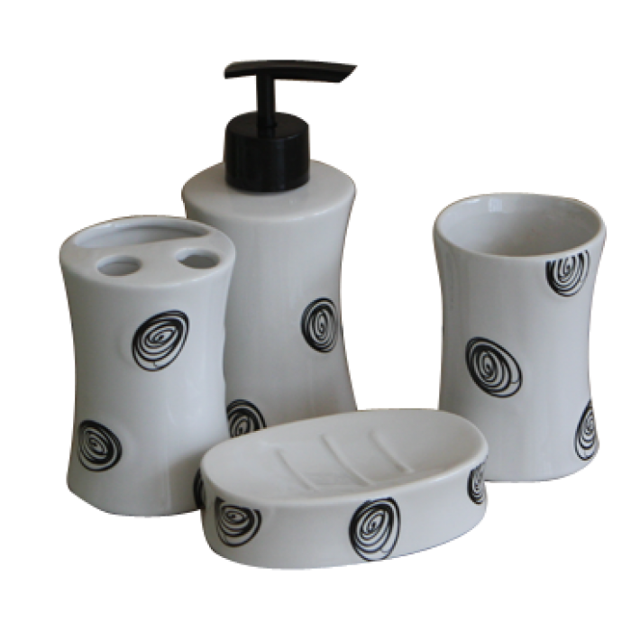 Set baie portelan 4 piese dozator sapun,sapuniera,suport periute dinti,pahar cu buline MN019206