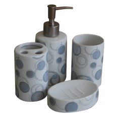 Set baie portelan 4 piese dozator sapun,sapuniera,suport periute dinti,pahar cu buline albastre MN019212