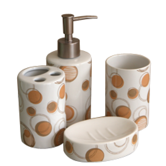 Set baie portelan 4 piese dozator sapun,sapuniera,suport periute dinti,pahar cu buline maro MN019214