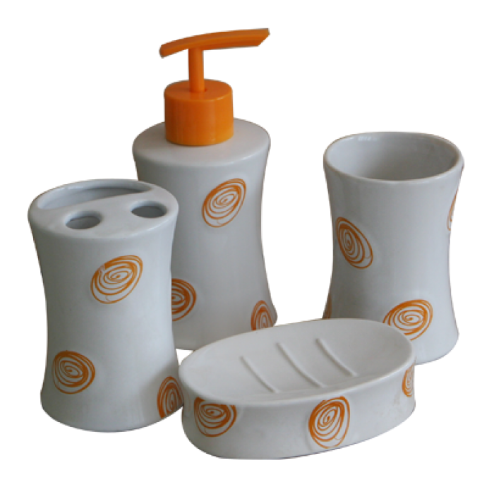 Set baie portelan 4 piese dozator sapun,sapuniera,suport periute dinti,pahar cu buline orange MN019204