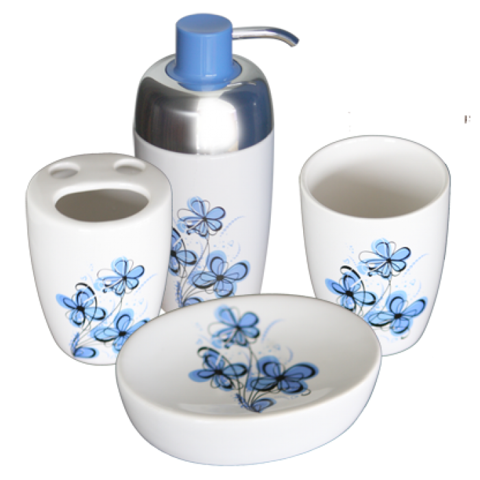 Set baie portelan 4 piese dozator sapun,sapuniera,suport periute dinti,pahar cu décor flori albastre MN019218