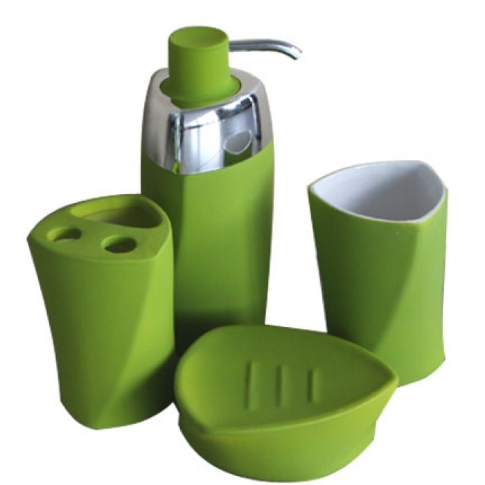 Set baie portelan 4 piese dozator sapun,sapuniera,suport periute dinti,pahar LUX culoare verde MN019217