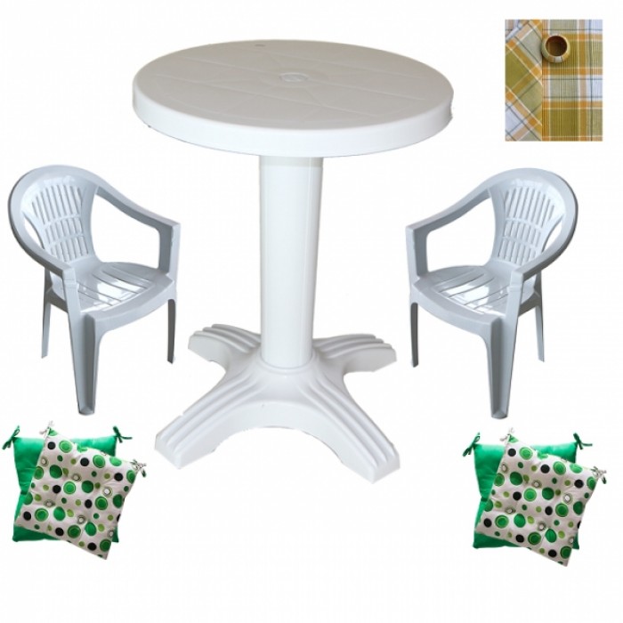 Set balcon Raki masa 60 cm cu 2 scaune Carnaval culoare alba,2 perne scaun,Fata de masa rotunda 150cm B001101