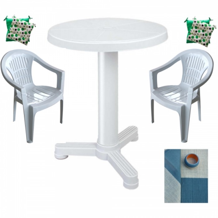 Set balcon Vilhena masa 70 cm cu 2 scaune Carnaval culoare alba,2 perne scaun,Fata de masa rotunda 150cm B001089