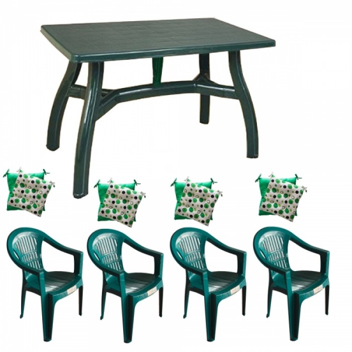 Set gradina RAKI, masa King 140x80xh73cm si 4 scaune Carnaval 53x45xh78cm cu perne, plastic verde