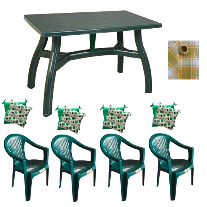 Set gradina RAKI, masa King 140x80xh73cm cu 4 scaune Carnaval 53x45xh78cm plastic verde, 4 perne scaun, fata de masa 220x150cm