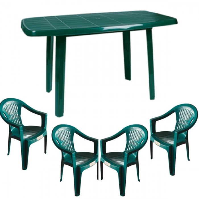 Set gradina RAKI, masa Mutum 140x80xh72cm cu 4 scaune Carnaval 53x45xh78cm, plastic verde
