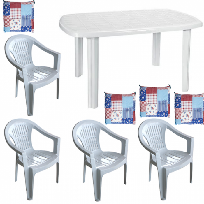 Set gradina RAKI NECOCHEA, masa ovala 125x80cm si 4 scaune Carnaval 53x45xh78cm cu perne, plastic alb